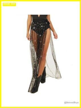 Sheer Mesh Maxi Skirt See Through Slit High Waisted Cover Up